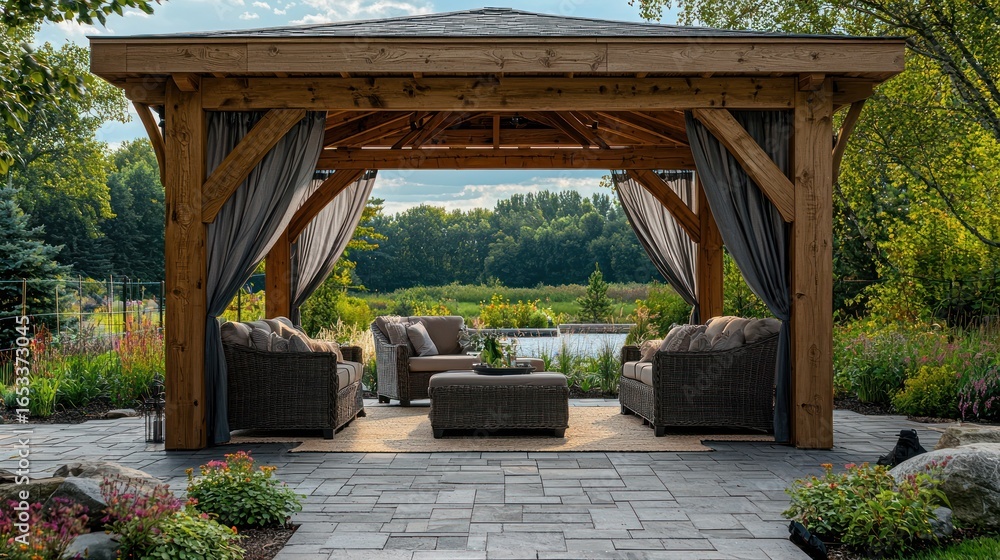 Obraz premium Rustic outdoor gazebo with comfortable seating