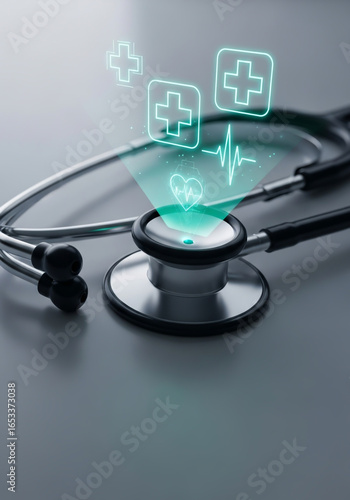 Modern medical technology with stethoscope and digital health icons