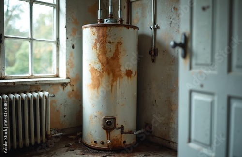Dilapidated water heater tank shows heavy rust, corrosion. Old domestic appliance needs repair, maintenance for hot water system. Visible scale buildup, worn metal, orange stains indicate breakdown,