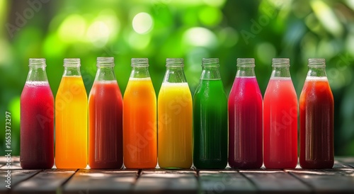 Colorful Array of Fresh Fruit Juices Displayed on a Wooden Table in a Vibrant...