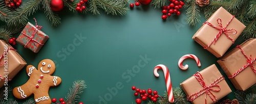 Festive Holiday Decorations Featuring Gingerbread Man and Wrapped Gifts on a ...