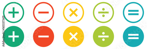 Addition, subtraction, multiplication, division, equal sign, icon symbol.  Mathematical signs icon for web design. Simple vector. Plus, minus, multiply, equal and divide sign. Calculator icon. 