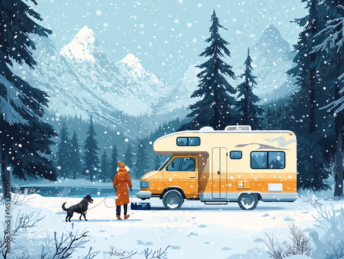 A snowy winter getaway in a remote cabin village. The RV is parked near a frozen lake, surrounded by snow-covered trees.