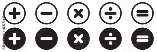 Addition, subtraction, multiplication, division, equal sign, icon symbol.  Mathematical signs icon for web design. Simple vector. Plus, minus, multiply, equal and divide sign. Calculator icon. 