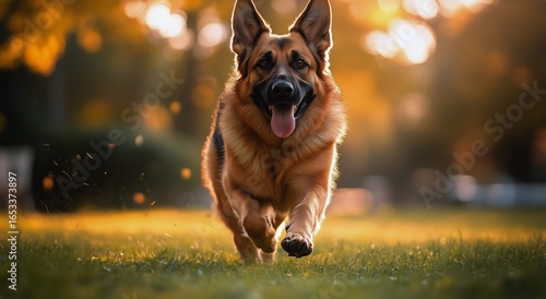 Happy German Shepherd Running in the Park During Golden Hour With Soft Sunlig...