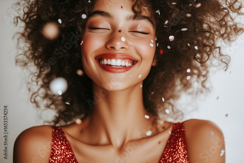 Happy Young Woman Celebrates With Confetti in a Festive Outfit During a Party