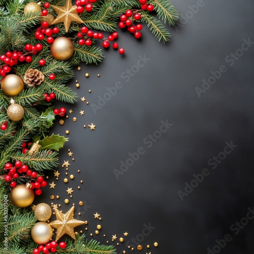 Holiday Decorations With Gold Ornaments and Red Berries on a Dark Background ...