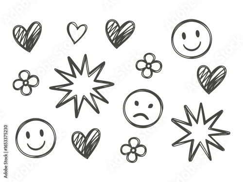 Doodle Sketch Icons - Hand Drawn Hearts, Smileys, Flowers, and Burst Symbols Vector Set