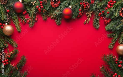Festive Decoration With Evergreen Branches and Ornaments on Red Background fo...