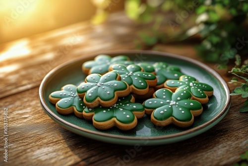 Green Decorated Cookies With Clover Patterns on a Wooden Table in a Warm, Ill...
