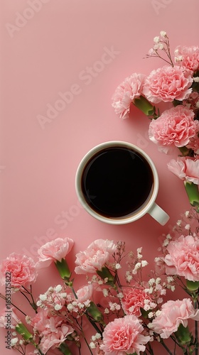 Coffee Cup With Heart Shape Foam Surrounded by Pink Flowers on a Pastel Backg...