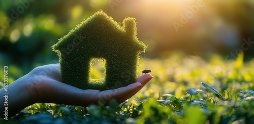 Hand Holding a Grass-Covered House Model Symbolizing Eco-Friendly Living at S...