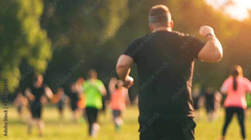 Fototapeta premium Fitness trainer leading outdoor group exercise class in a park