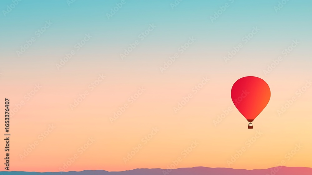 Fototapeta premium Vibrant red hot air balloon ascends against a pastel sky