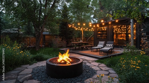 Cozy backyard oasis at twilight.  Fire pit, string lights, patio