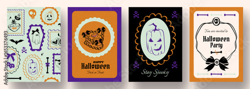 Set of cute Halloween posters with pumpkin, cake, bows, candies, hand drawn decoration elements. Vintage coquette aesthetic, cute holiday design, templates for invitations, greeting cards, cover.