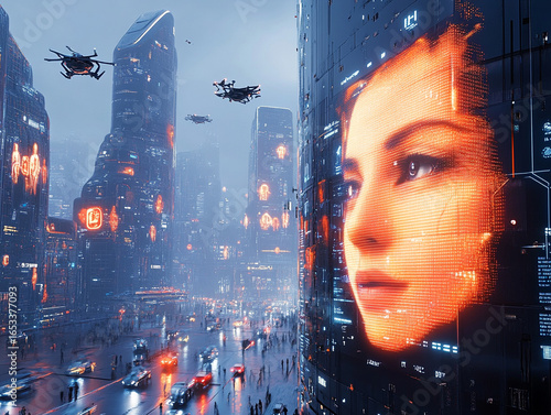 A futuristic city where every detail is optimized by artificial intelligence. Autonomous vehicles with sleek designs move along the streets
