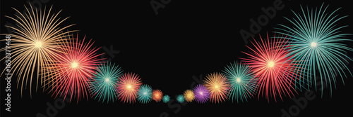 Fireworks display in an arch formation with vibrant colors against a dark black background illustration