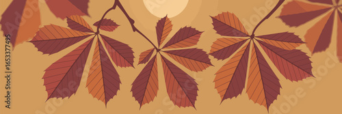 Autumn leaves on branches with a soft yellow background and a faded sun in the top center area