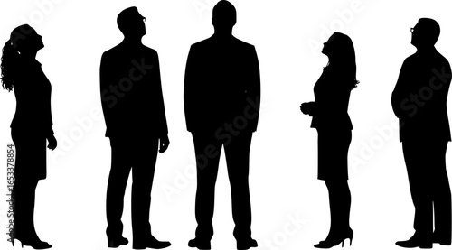 Vector silhouettes of men and women, a group of standing business people, looking up, back view, profile, black color isolated on white background