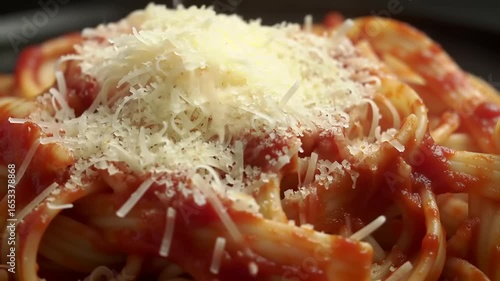 Close-up of pasta with tomato sauce and cheese