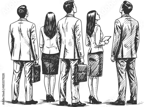 Vector silhouettes of men and women, a group of standing business people, looking up, back view, profile, black color isolated on white background