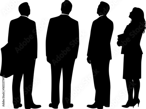 Vector silhouettes of men and women, a group of standing business people, looking up, back view, profile, black color isolated on white background
