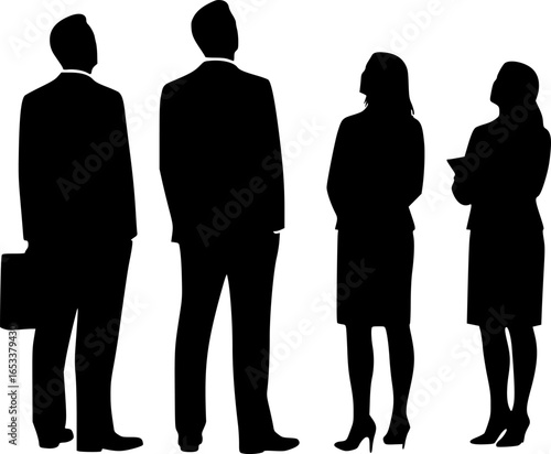 Vector silhouettes of men and women, a group of standing business people, looking up, back view, profile, black color isolated on white background