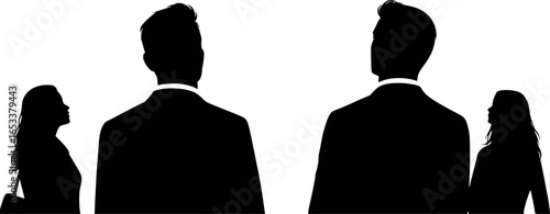 Vector silhouettes of men and women, a group of standing business people, looking up, back view, profile, black color isolated on white background