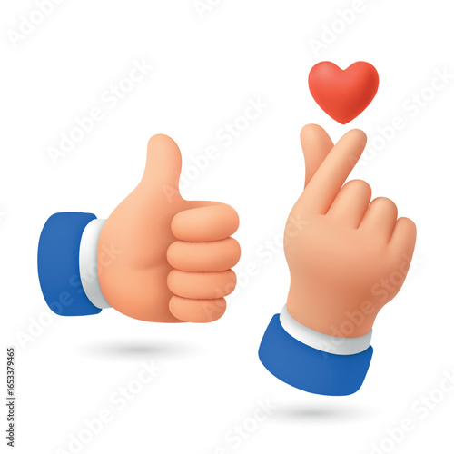 Vector 3d Finger Heart Hand Gesture Set. Korean Finger Heart Illustration Showing Love and Appreciation. Cute Hand Gestures for Social Media, K-Pop, Messaging Design. Realistic Vector Icons