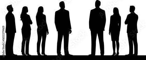 Vector silhouettes of men and women, a group of standing business people, looking up, back view, profile, black color isolated on white background
