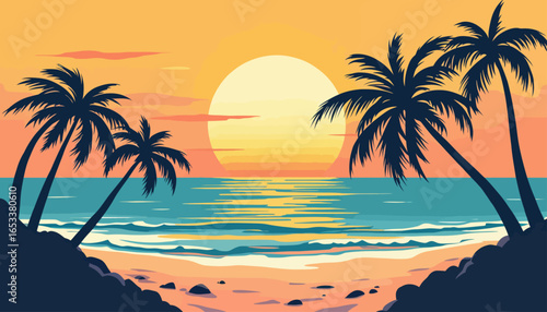 Cartoon illustration of a tropical beach with palm trees silhouetted against a sunset over the ocean.
