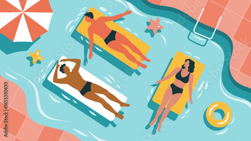 Three people relaxing on floats in a swimming pool, with a beach umbrella, starfish, and a yellow inner tube.