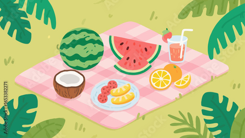 A cheerful summer picnic scene featuring watermelon, oranges, coconut, and a refreshing juice drink, set on a pink checkered blanket amidst lush green grass and tropical leaves.