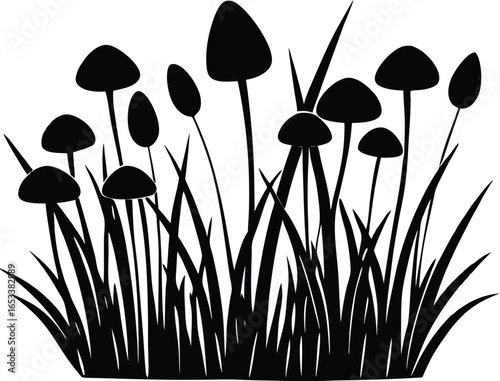 Grass With Small Mushrooms Silhouette | Mushrooms On Grass Vector Design