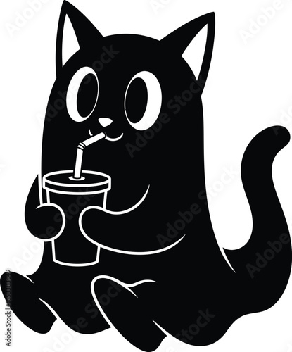 Vector art of cute black cat drinking from a cup isolated on white background