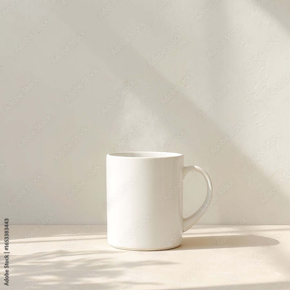 Fototapeta premium White ceramic mug placed on a light surface, with soft shadows and natural light creating a serene atmosphere, ideal for showcasing beverages or branding concepts