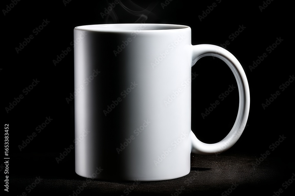 Obraz premium White ceramic mug with steam rising, set against a dark background, showcasing its smooth surface and elegant handle, ideal for beverage presentation and branding mockups
