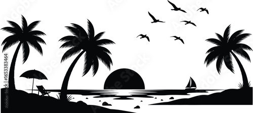 Vector art of tropical beach sunset silhouette with palm trees ocean, and sailboat