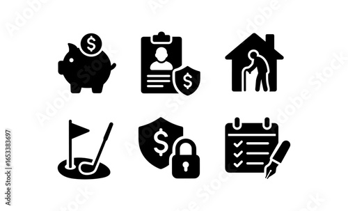 Financial and security icons: saving, insurance, pension, golf, protection, agreement