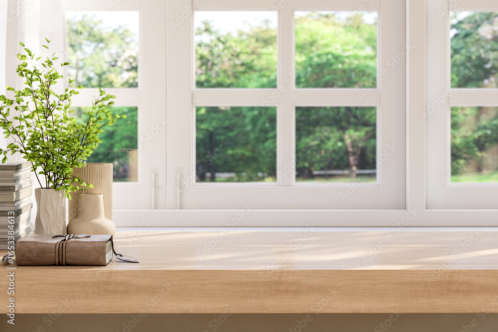 Fototapeta premium Blank top wooden table located by window decorated with old book and plant in vase 3d render