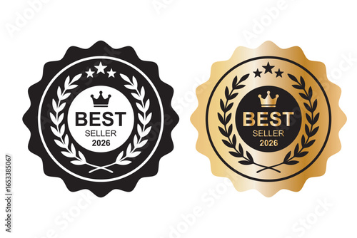 Best seller 2026 award badge in gold and black. Laurel wreath Rounded Circle Serrated Edge Decoration vector isolated for Premium Quality product, book cover label or your the Best selling product. 