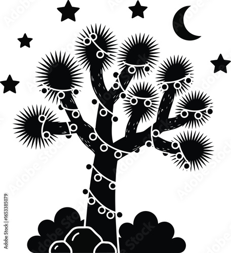 Vector art of joshua tree silhouette with festive string lights under a starry night sky