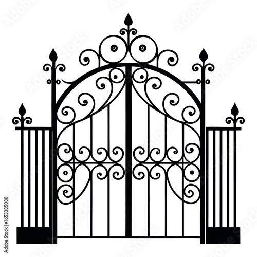 Ornate black wrought iron gate with decorative scrolls and finials vector 1