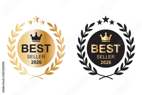 Best seller 2026 award badge in gold and black. Laurel wreath Rounded Circle Serrated Edge Decoration vector isolated for Premium Quality product, book cover label or your the Best selling product. 