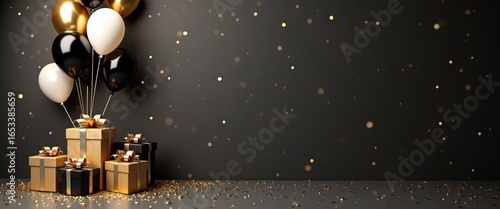 Celebratory Black and Gold Balloons with Gift Boxes on a Dark Confetti Floor