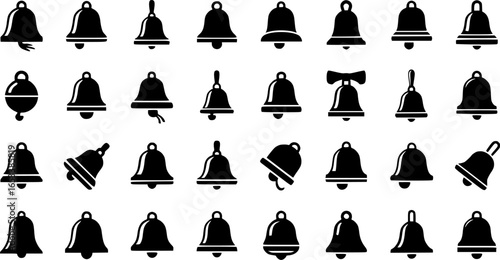 collection of black and white silhouette illustrations of various bell shapes 