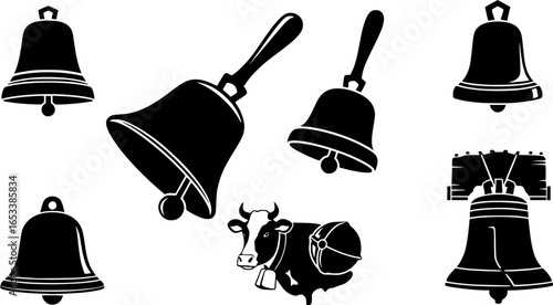 collection of black and white silhouette illustrations of various bell shapes 