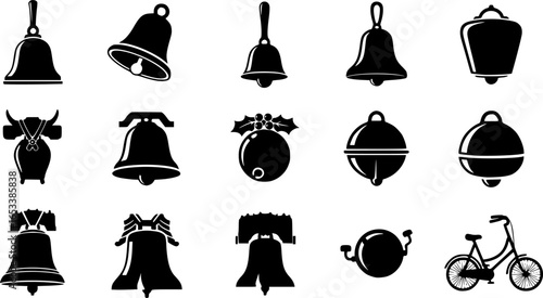 collection of black and white silhouette illustrations of various bell shapes 