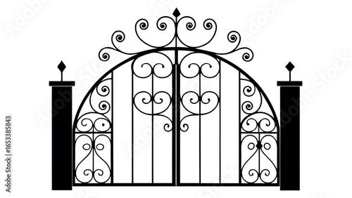 Ornate black wrought iron gate with scrollwork and pillars ornate gate black gate